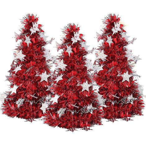 Mini-Weihnachtsbaum, kleiner Weihnachtsbaum, künstlicher Glitzer-Pailletten-Desktop-Dekorationsbaum für Zuhause und Büro (3er-Pack) (rot) (1/2)