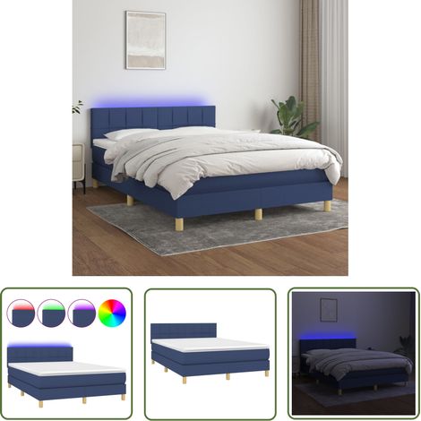 The Living Store Sommier à lattes de lit avec matelas LED Bleu 140x190 cm Tissu - Sommier Tapissier - Lit Avec Led - Matelas À Ressorts Ensachés - Tête De Lit Réglable - Éclairage LED (1/5)
