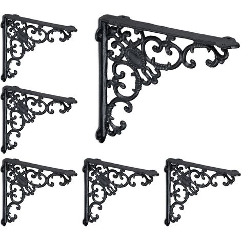 6 Escuadras Estantería Retro, Hierro Fundido, Estilo Barroco, Soportes Repisas, Envejecidas, Color negro (1/5)