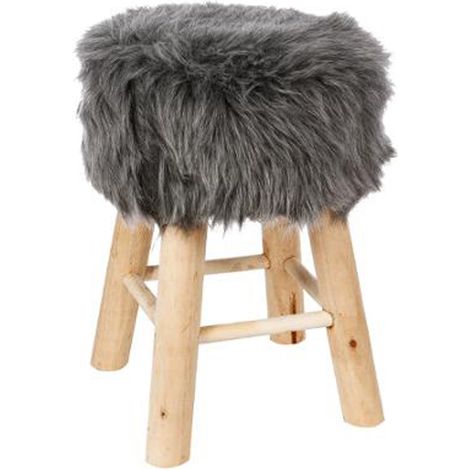 Tabouret en pin et polyester, imitation fourrure grise - Dim : L.30 x l.30 x H.42 cm -PEGANE- (1/2)