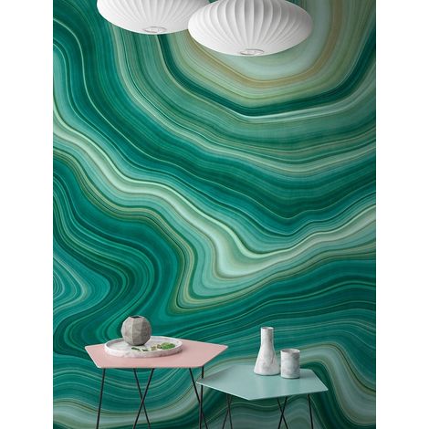 Papier peint panoramique pour salle de bain | Tapisserie panoramique verte à motif | Papier peint panoramique tendance graphique - 270 x 400 cm (4 pièces) (1/5)