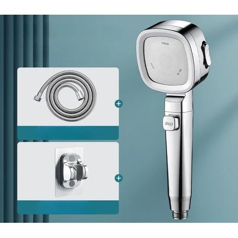 (Argent, comprenant le tuyau d'eau et le support) Pommeau de douche haute pression à économie d'eau, trois modes réglables, arrêt par un bouton, jet de massage. (1/5)