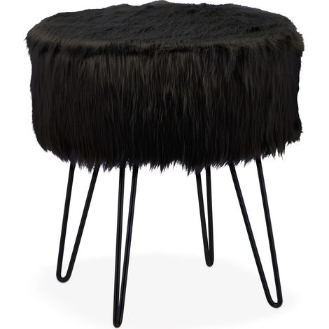 Elegante sgabello da terra rotondo 40 x 40 x 45 cm comoda seduta in pelliccia sintetica nera 130012794