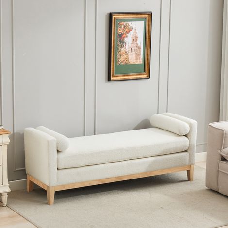 Banc rembourré élégant pieds en bois avec 2 coussins. Sert de canapé de journée et tabouret pour lit,salon et entrée,couleur ivoire.