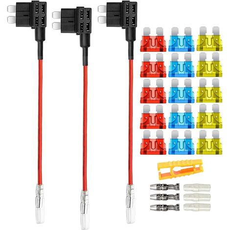 3 Pièces 12V / 24V Moyen Add-a-Circuit Porte-Fusible, Porte-Fusible à Lame de Voiture avec Fil 16 AWG, 15 Pièces Fusibles à Lame Standard et Extracteur de Fusible (Borne Bout à Bout) (1/5)