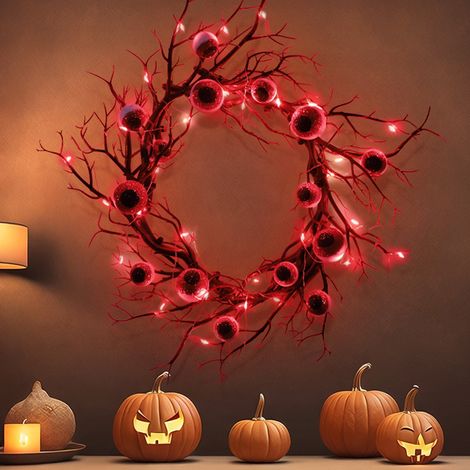 Guirlande De Porte Halloween - Couronne Artificielle Noir 45 Cm Avec 30 Led Rouges - Décoration Intérieure Extérieure - 1 Pièce (1/5)