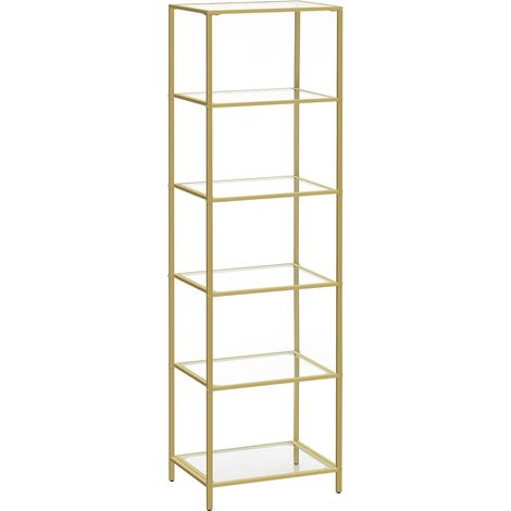 VASAGLE Étagère en Verre 6 Niveaux, Bibliothèque, Présentoir, Verre Trempé, Montage Facile, pour Salle de Bain, Salon, Chambre, Bureau, Doré (1/5)