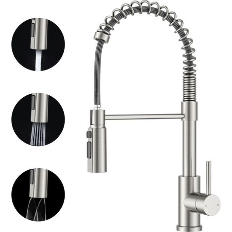 Robinet Cuisine, Robinet Evier Extensible, Mitigeur Cuisine à Poignée Unique avec 3 Modes, Robinet D'évier à Ressort Rotatif à 360°, Acier Inoxydable (1/5)