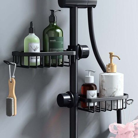 Etagère et rangement de douche-Lot de 2 Étagère Douche Sans Percage Inox, Étagère Salle de Bain Télescopique Inoxydable, Tablette Support Douche, Porte Savon Barre Douche, noire (1/4)