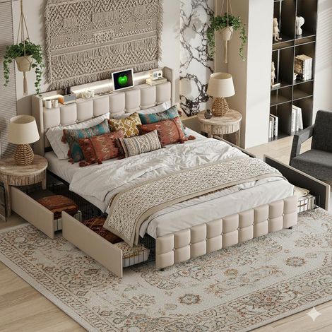 Bett 180 x 200 cm – Doppelbettrahmen mit Lattenrost – 4 Schubladen – LED-Kopfteil mit Stauraum und USB-Anschlüssen – aus beigem Leinen