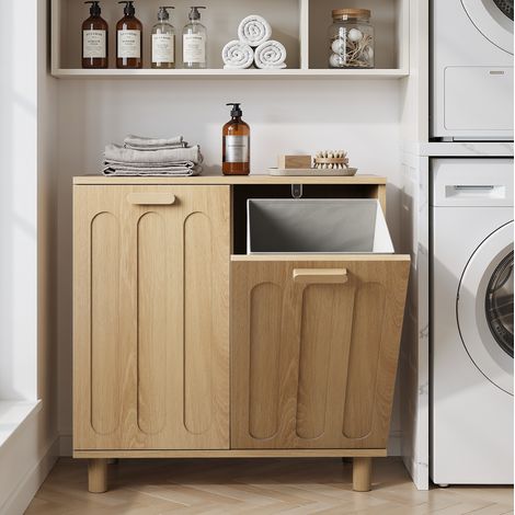 Mueble para ropa sucia de MDF color roble 66 x 35 x 67 cm con 2 cestos extraíbles y abatibles (1/5)