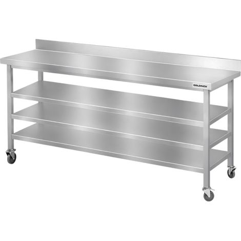 Table de travail en inox Bar 1800x700 mm avec 3 étagères inférieures et dosseret sur roulettes PREMIUM - GOLDINOX (1/4)
