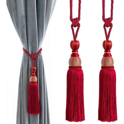 YMYNY Embrasses de rideaux décoratives à pompons et boules - Attaches de rideaux pour la maison et le bureau, boucles tressées, franges, lot de 2 (rouge) (1/4)