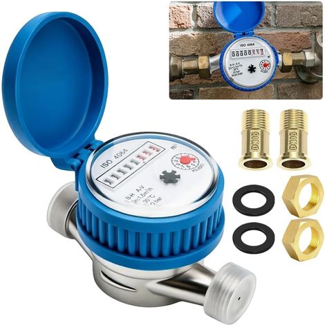 Compteur Eau, 1/2 Horloge à Eau Froide Calibrée avec Couvercle de Protection et connecteurs en Laiton, 0-30℃ Compteur Eau Connecté pour Le Jardin et La Maison (1/5)