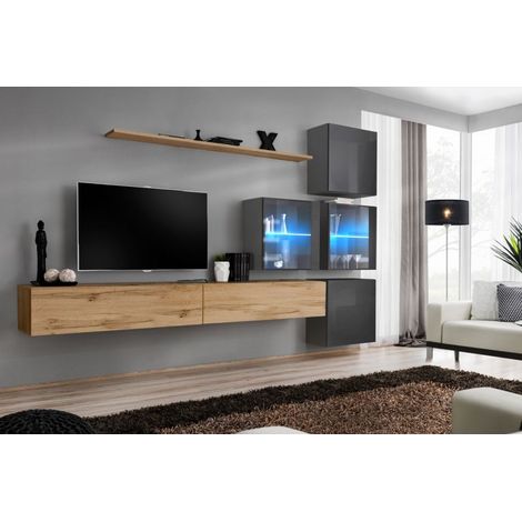 Ensemble mural - Switch XIX - 4 vitrines - 2 bancs TV - 1 étagère - Bois et graphite - Modèle 1 - Livraison gratuite