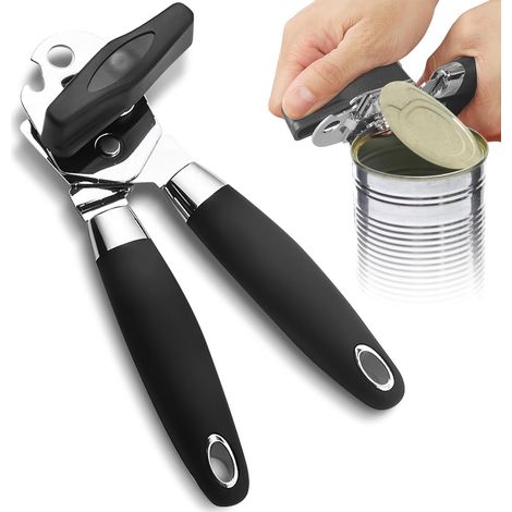 Abrelatas de acero inoxidable de primera calidad con abridor de botellas incorporado, resistente, resistente al óxido, fácil de limpiar, mango ergonómico, diseño compacto para un almacenamiento cómodo (1/5)