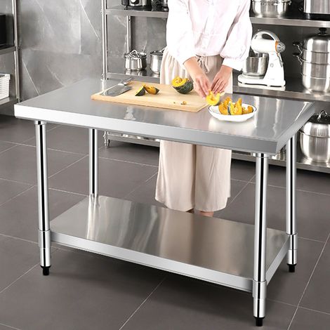 Table de Travail Cuisine 61 x 91,5 cm en Acier Inoxydable à 2 Niveaux 2 Roues Verrouillables Plateau Inférieure Réglable Charge 250 kg Argent (1/2)