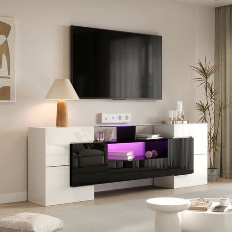 Mueble de TV modelo, blanco y negro, iluminación LED, 6 puertas, 2 cajones, mueble de salón, 200 x 35 x 60 cm