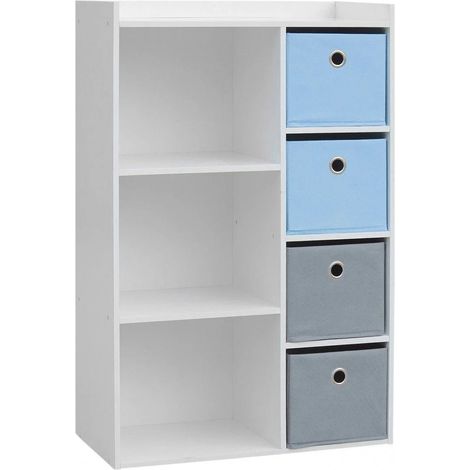 Armoire enfant 3 niches – 4 tiroirs – Dimensions 62 x 29,5 x 96 cm – Bois bleu et gris – Pour rangement optimisé – Wadiga (1/5)