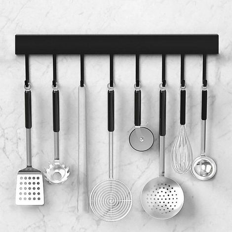 Riel de cocina, soporte de pared para ollas y utensilios de cocina, riel de 40 cm con 8 ganchos. (1/5)