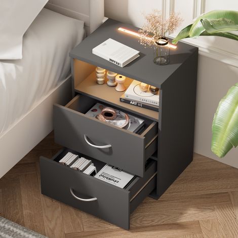 CASARIA® Nachttisch Touch mit LED Beleuchtung 40x28x55cm Dimmbar Holz 2 Schubladen Boxspringbett Schlafzimmer Wohnzimmer Beistelltisch Nachtschrank 2er Set anthrazit