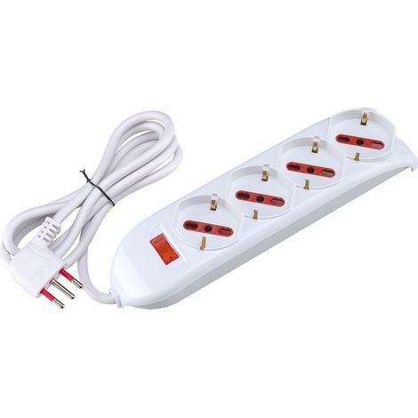 Multipresa con spina 10A piegata a 90°, 4 prese bipasso/schuko 10A/16A, cavo 1,5 metri, con interruttore, bianco, serie Emilia - Rosi RS94060T (1/4)