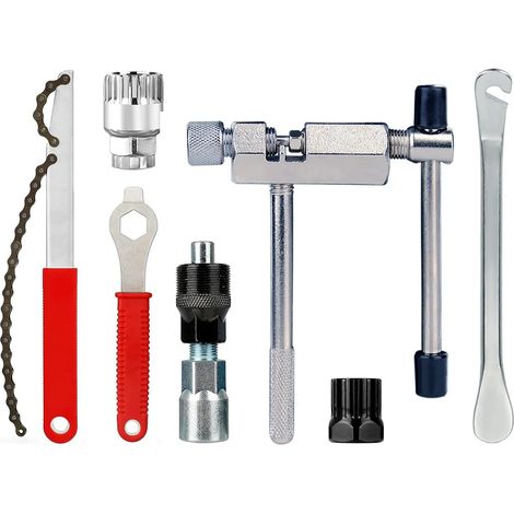 Ensemble d'outils pour vélo ADEFOL, fouet à chaîne, riveteuse de chaîne, extracteur de manivelle de vélo, outil pour boîtier de pédalier, clé de 16 mm, démonte-pneu, outils pour vélo 7 en 1 (1/5)