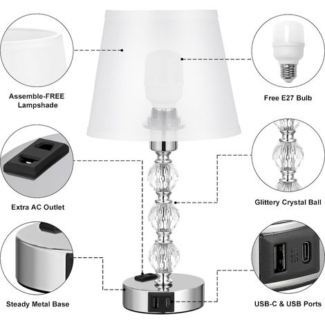 Lampe de Chevet Tactile avec Ports USB-A+C+Prise CA, 3 Intensité Variable, Lampe en Cristal (1/5)