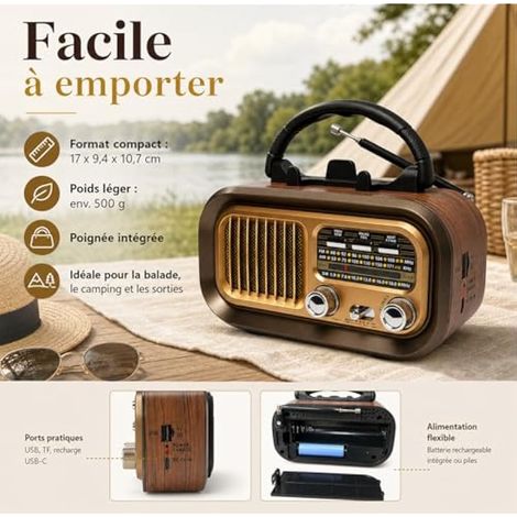 Poste Radio Portable Bluetooth AM/FM/SW, Radio Vintage Rechargeable 1200mAh avec USB/Carte TF/TWS, Radio à Piles D pour Maison, Jardin, Camping et Personnes Âgées (1/4)