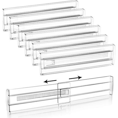 Divisori regolabili per cassetti - Set da 6 pezzi, divisori in plastica trasparente per organizzare bagno, ufficio e stanza del trucco. (1/5)