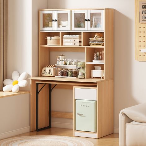 Scrivania per computer, scrivania con ripiani, scrivania con mobiletto, scrivania da lavoro, scrivania con mobiletto, bianco naturale 180 cm (1/5)