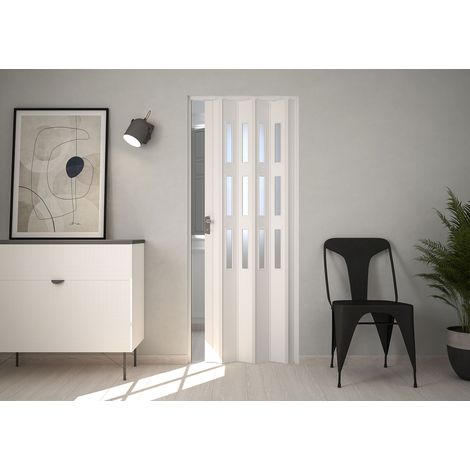 Porta a Soffietto da Interno Maya 83x214 cm Made in Italy in PVC con Vetro Satinato Bianco Pastello