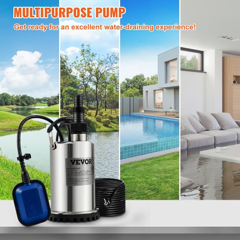 Pompe Relevage Eaux Usées 550 W 158 L/min Pompe Évacuation Immergée pour Pomper Piscine Cave Zones Inondées, Hauteur Manométrique 7,5 m, Boitier Acier Inoxydable, avec Adaptateur de Décharge (1/5)