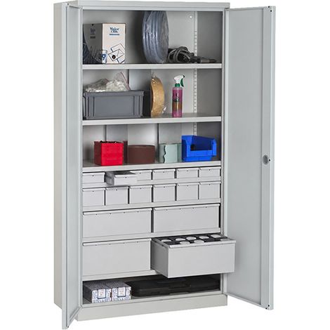 Matisère – Armoire d'atelier 16 tiroirs et 7 étagères – Portes battantes indégondables – Charge 150kg par étagère – W030090027GCGC