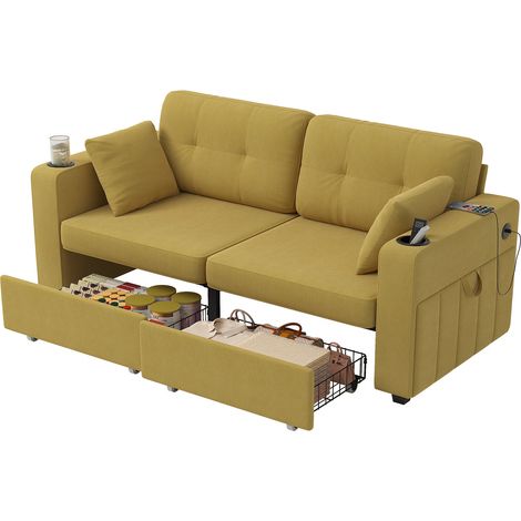 CHICFURN Sofá de 2 plazas 172x75x82 cm de chenilla amarillo mostaza con USB y almacenaje (1/5)