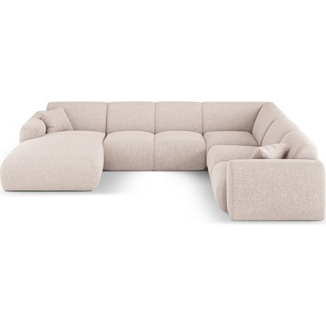 Canapé d'angle droit panoramique 6 places en chenille beige (1/5)