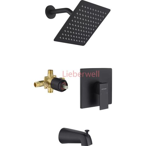 Ensemble de douche pluie avec pommeau de douche noir de 8 pouces, robinetterie de salle de bain murale en laiton, mitigeur chaud/froid avec bec verseur (1/4)
