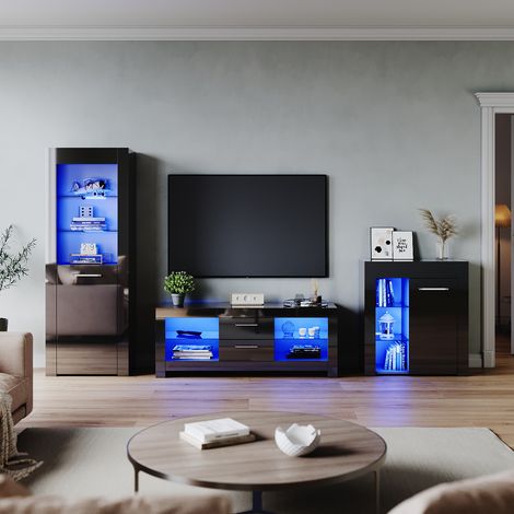 ELEGANT Modern High Gloss Living Room Set with RGB LED Lights Display Cabinet Storage Unit + 1300mm TV Stand Cabinet Black Furniture Set 1