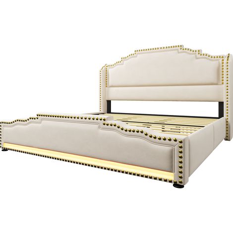 Letto contenitore 180x200 cm in velluto beige con 4 cassetti, LED e porte USB-C HOMVRA (1/5)
