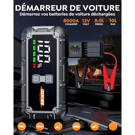Booster Batterie Voiture, Démarreur Batterie Voiture, 12V Démarreur Voiture, Booster Jump Starter avec Powerbank et Chargeur USB Moteurs Essence 10L et Diesel 8L (1/4)