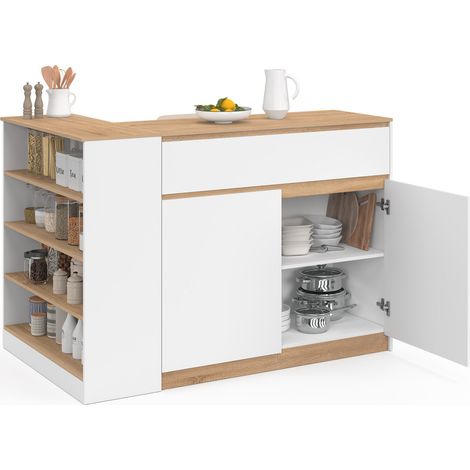 Ilot central TOMI 130 cm 2 personnes double plateau bois blanc avec plan de travail façon hêtre