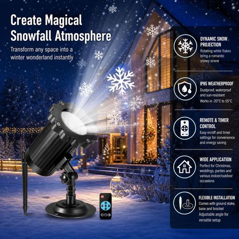 Projecteur de Neige LED avec Télécommande, Effet Chute de Neige Rotatif, Étanche IP65 pour Extérieur et Intérieur, Minuterie, Noir (1/4)