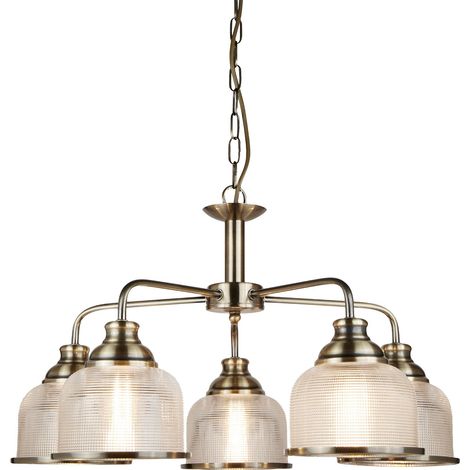 Searchlight Bistro - Sospensione a soffitto a 5 luci multibraccio bianco, ottone antico, attacco E27 (1/5)