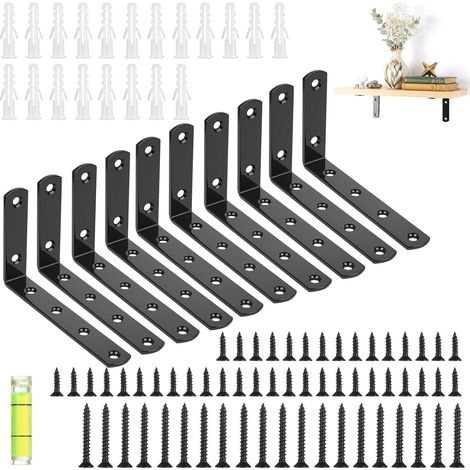 10 Pcs Equerre Etagere Murale Noire, Équerre Étagère Métal, Équerre de Fixation, Support Etagere murale, Équerres en L, Supports d'Étagère Noirs Flottants à 90 Degrés(125 x 75 mm) (1/5)