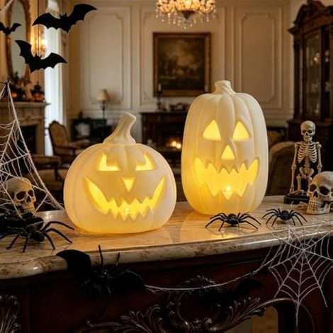 Lot de 2 citrouilles lumineuses d'Halloween, lanternes décoratives d'intérieur/extérieur avec LED blanc chaud, citrouilles géantes étanches pour maison hantée, fêtes à thème, décorations de festival, (1/4)