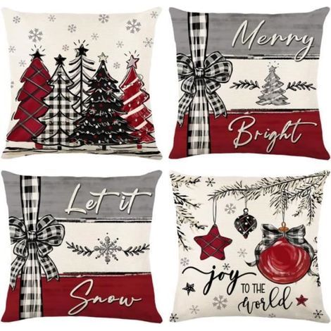 Christmas cushion cover set, 45x45 cm, 4 pieces, linen pillowcase, snowflake pattern, red.