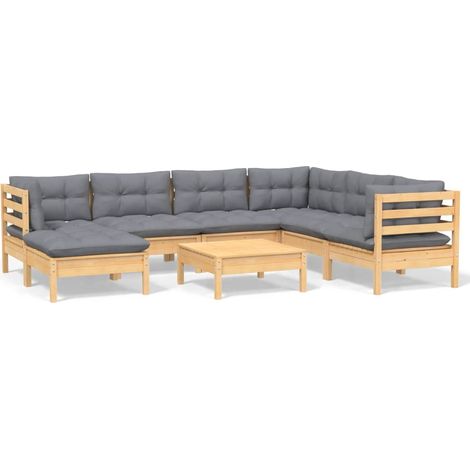 Salon de jardin 8 pcs avec coussins gris Bois de pin 5 (1/5)