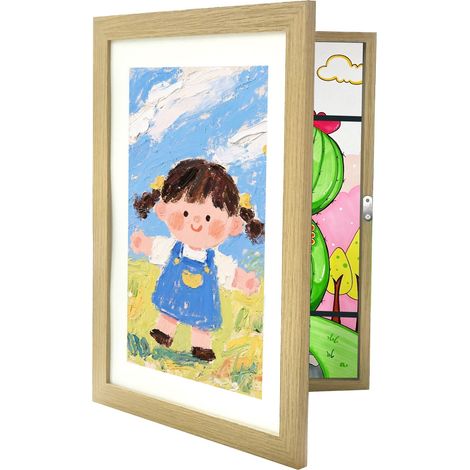 Relaxdays Cornice porta-disegni A4 per bambini, apribile con chiusura magnetica, 32x25,5 cm, MDF e acrilico, naturale