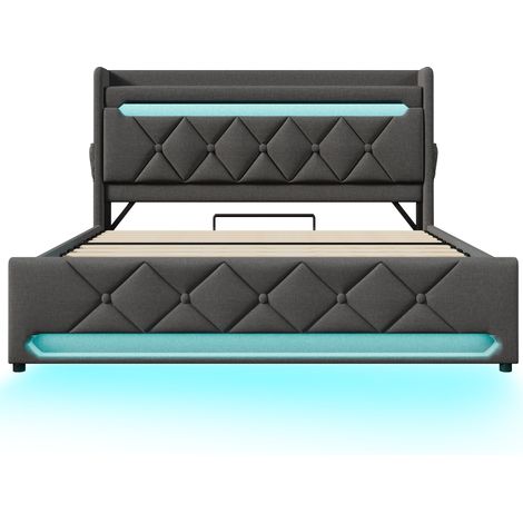 Lit double 160x200 avec rangement, LED 360°, ports USB et USB-C, gris, lin, avec matelas (1/5)
