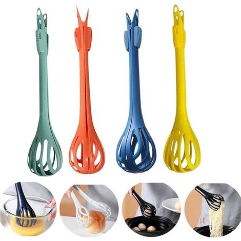 Batidora de huevos manual, Batidora multifuncional 3 en 1: pinzas para alimentos, pinzas para fideos y batidora de huevos, Juego de 4 piezas (1/5)